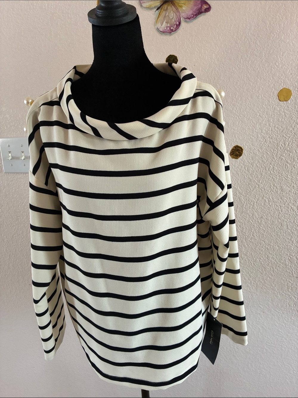 Zara Black and Cream Striped Pearl-Shoulder Cowl Neck Sweater